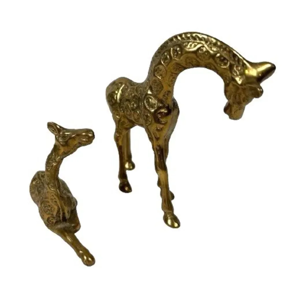 Vintage Solid Brass Mother and Baby Giraffe Figurines Mid-Century Mod, Lot of 2